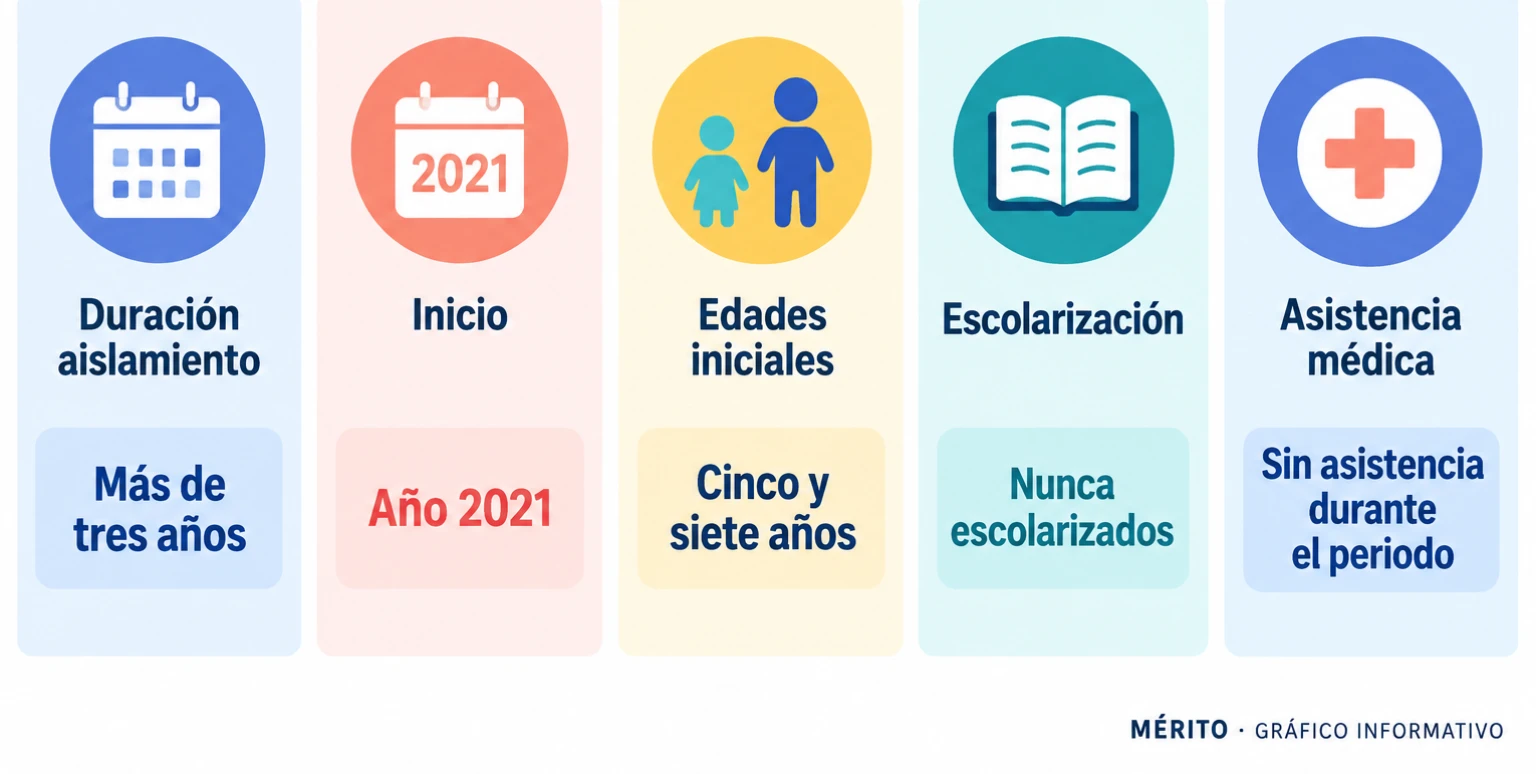 Tarjetas de datos con la duración del aislamiento, el año de inicio, las edades de los menores, la ausencia de escolarización y la falta de asistencia médica.