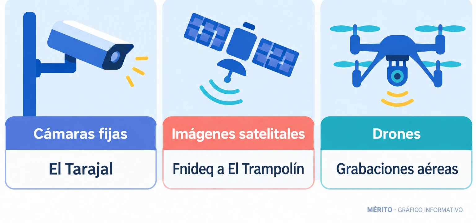 Diagrama con los tipos de material audiovisual requerido: cámaras fijas, imágenes satelitales y drones.