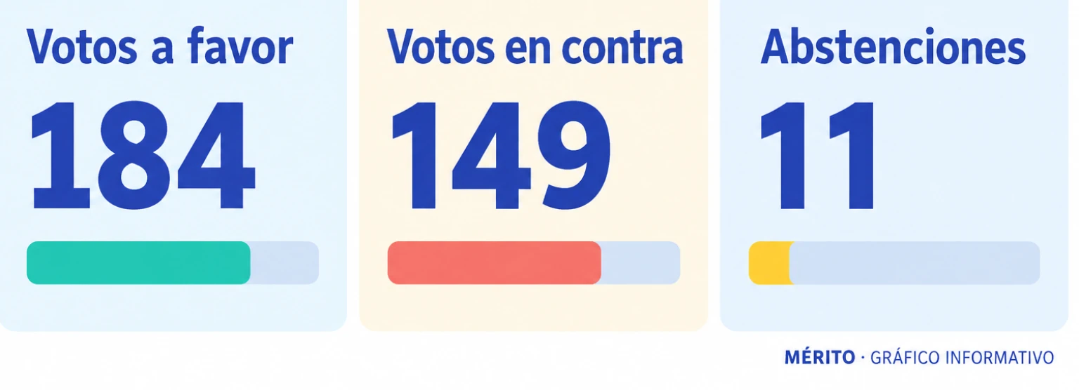 Tarjetas con el resultado de la votación: 184 a favor, 149 en contra y 11 abstenciones.