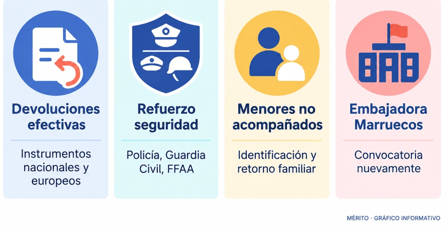 Diagrama de proceso con las medidas aprobadas: devoluciones, refuerzo de seguridad, atención a menores y convocatoria diplomática.