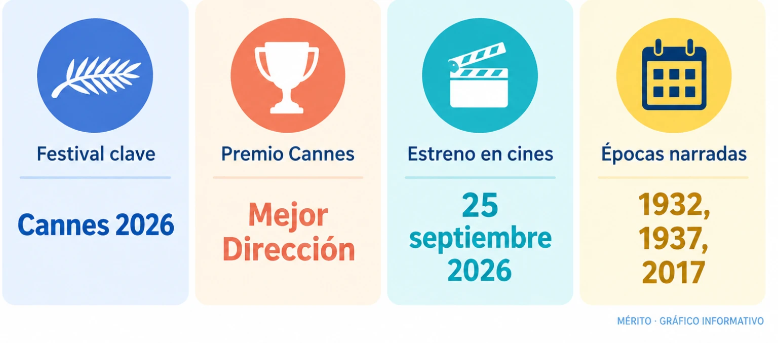 Ficha con los datos principales de la película: festival, premio, fecha de estreno y épocas que narra.