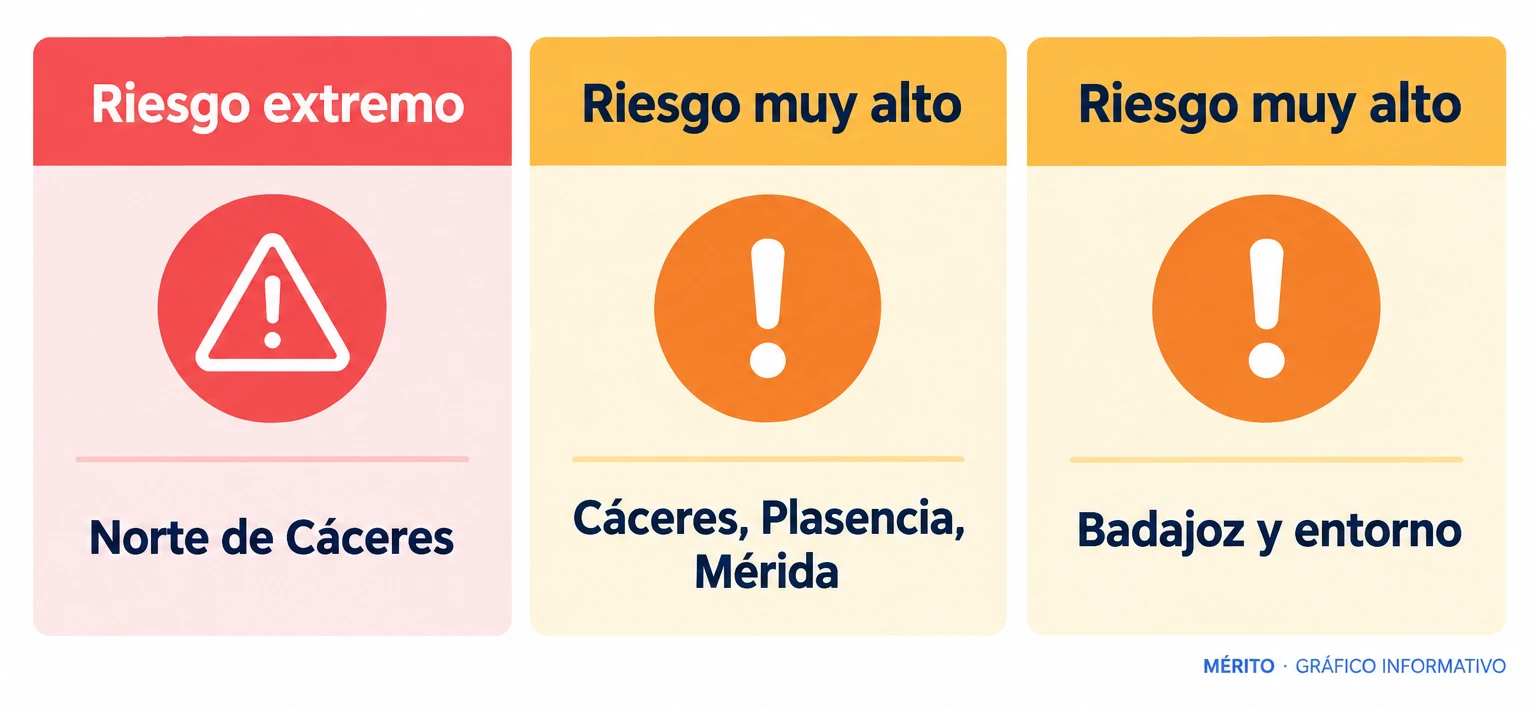 Infografía comparativa con el nivel de riesgo extremo en el norte de Cáceres y el nivel muy alto en Cáceres, Plasencia, Mérida y Badajoz.