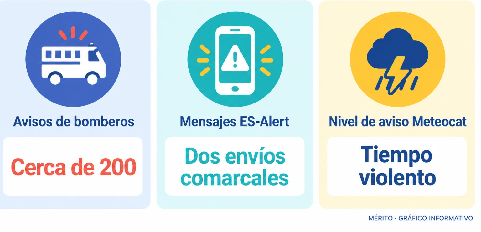 Tarjetas de datos con el número de avisos de bomberos, los envíos de mensajes ES-Alert y el nivel de aviso por tiempo violento.