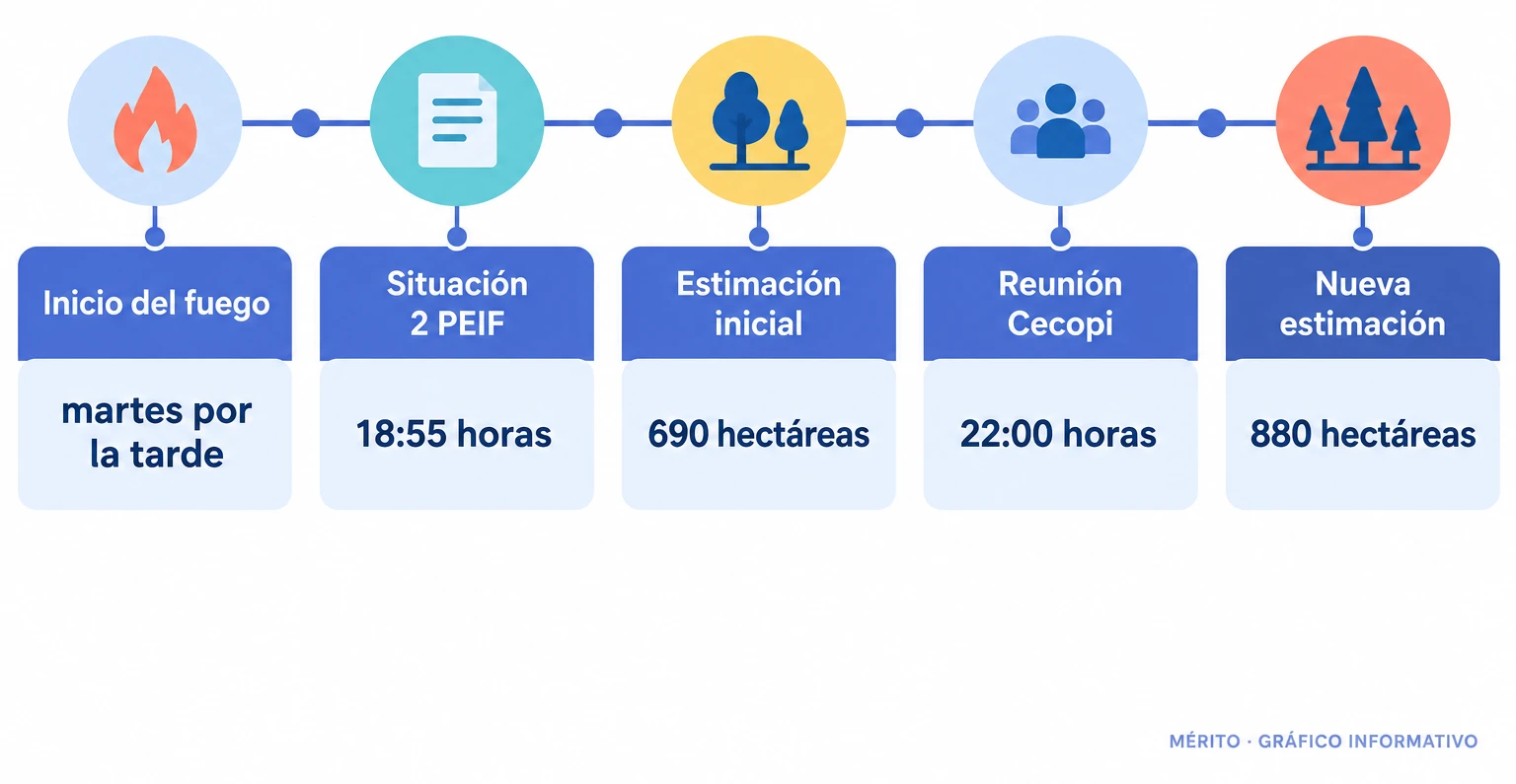 Línea temporal del incendio de Tuéjar desde el inicio el martes por la tarde hasta la actualización del miércoles a 880 hectáreas.