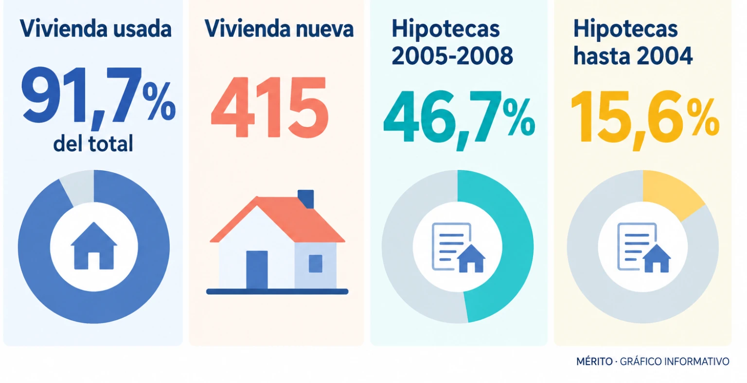 Comparativa con el porcentaje de vivienda usada, el número de vivienda nueva y el peso de las hipotecas de 2005-2008.